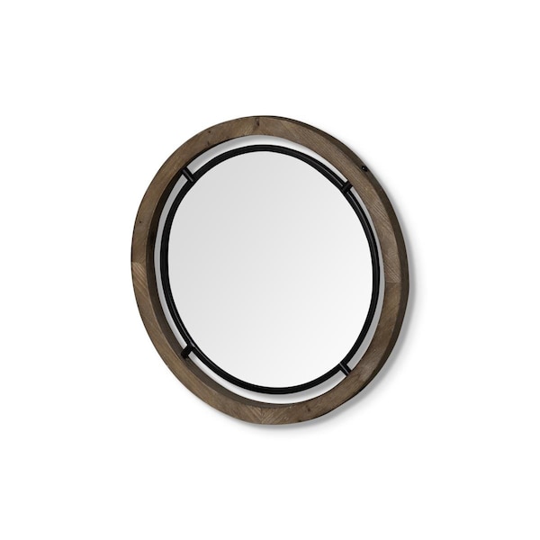 Homeroots 19 in. Brown Wood & Black Metal Frame Wall Mirror - 376406