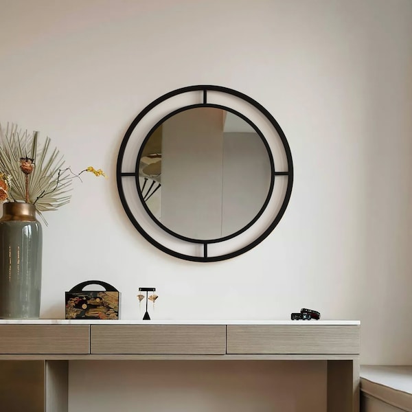 Uniquewise Decorative Round Shaped with Circle Ring Frame Black Metal Wall Mounted Modern Mirror - QI004578