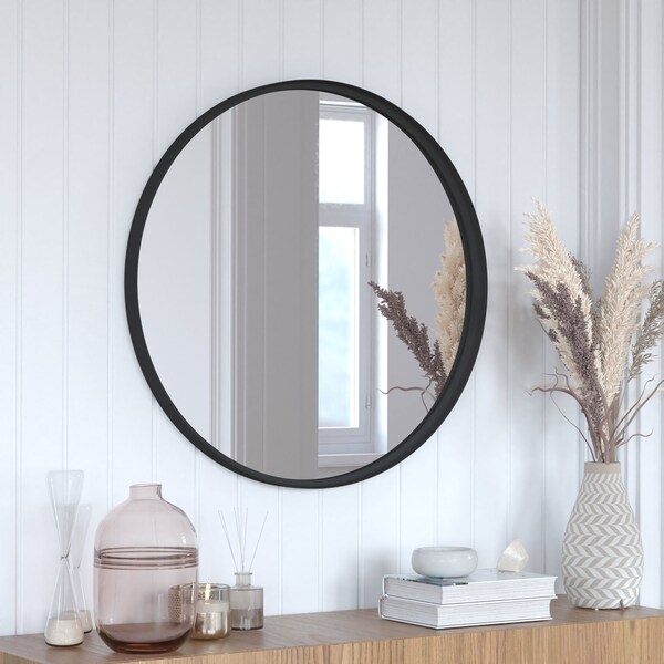 Flash Furniture 30in Round Black Metal Framed Accent Wall Mirror - HMHD-22M116YA-BLK-GG