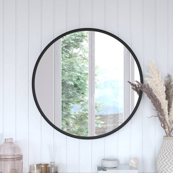 Flash Furniture 30in Round Black Metal Framed Accent Wall Mirror - HMHD-22M116YA-BLK-GG