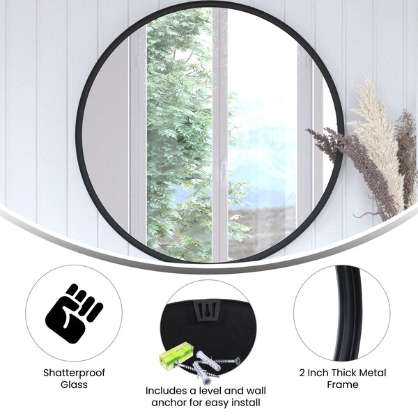 Flash Furniture 30in Round Black Metal Framed Accent Wall Mirror - HMHD-22M116YA-BLK-GG