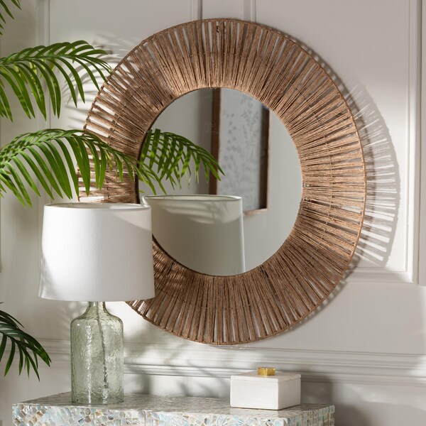 Bali & Pari Leala Modern Bohemian Metal and Natural Brown Seagrass Accent Wall Mirror - 240-13466-ZORO