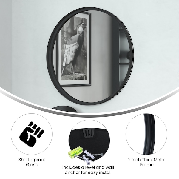 Flash Furniture 24in Round Black Metal Framed Accent Wall Mirror - HMHD-22M115YA-BLK-GG
