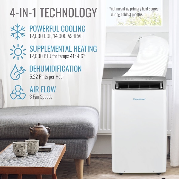 Keystone 14,000 BTU ASHRAE/12,000 BTU DOE Portable Inverter Air Conditioner with Heater and Remote Control - KSTAP121HINV