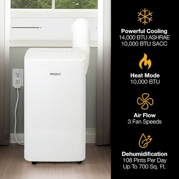 Whirlpool 14,000 BTU ASHRAE 10,000 BTU SACC Portable Air Conditioner with 10,000 BTU Supplemental Heat - WHNP141HAW