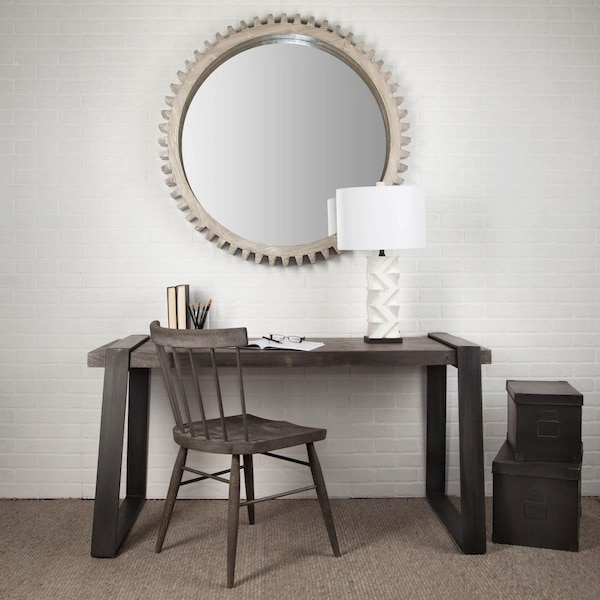 Homeroots 44 in. Round Wood Frame Wall Mirror, Silver - 376381