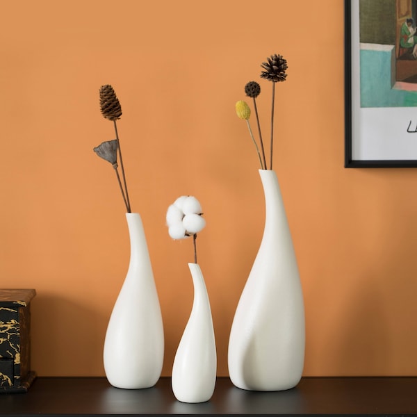 Uniquewise White Contemporary Unique Teardrop Shaped Ceramic Table Vase Flower Holder, PK 3 - QI004367.3