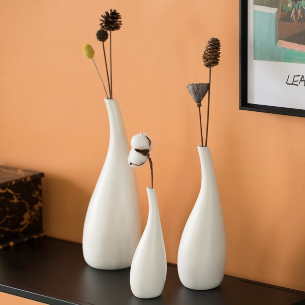 Uniquewise White Contemporary Unique Teardrop Shaped Ceramic Table Vase Flower Holder, PK 3 - QI004367.3