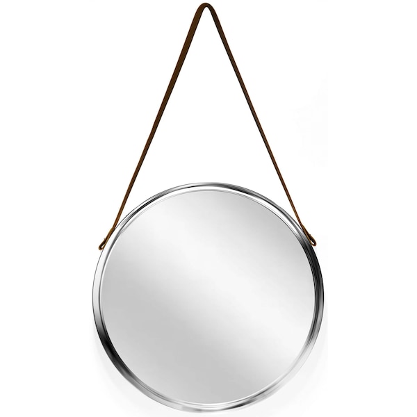Infinity Instruments Decorative Silver Mirror - 17 in Silver Frame Wall Mirror with Faux Leather Hanging Strap - 20085CM