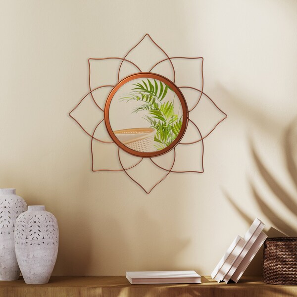 Uniquewise Pack of 2 Decorative 12.25-inch Flower Shape Rose Gold Metal Frame Mirror - Perfect for Living - QI004581.2