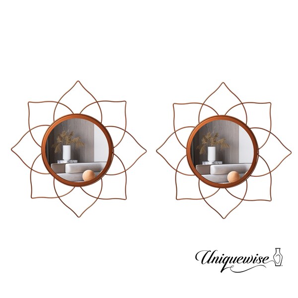 Uniquewise Pack of 2 Decorative 12.25-inch Flower Shape Rose Gold Metal Frame Mirror - Perfect for Living - QI004581.2