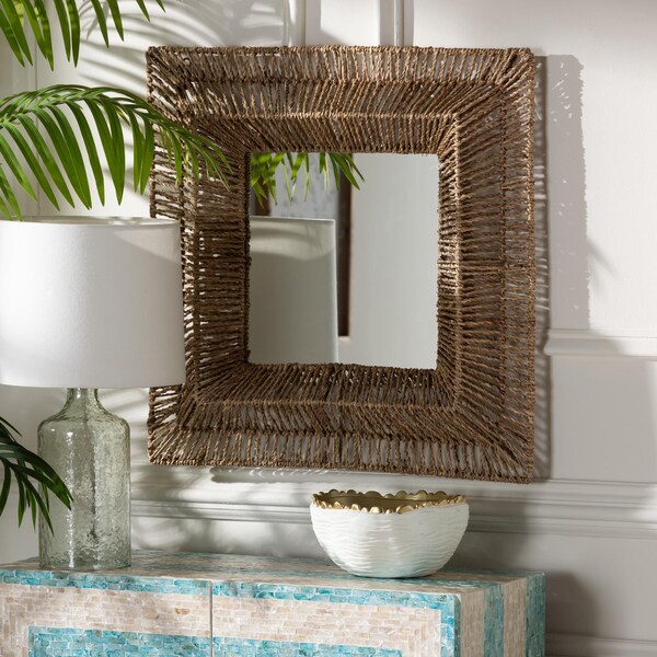 Bali & Pari Collice Modern Bohemian Metal and Natural Brown Seagrass Accent Wall Mirror - 240-13462-ZORO