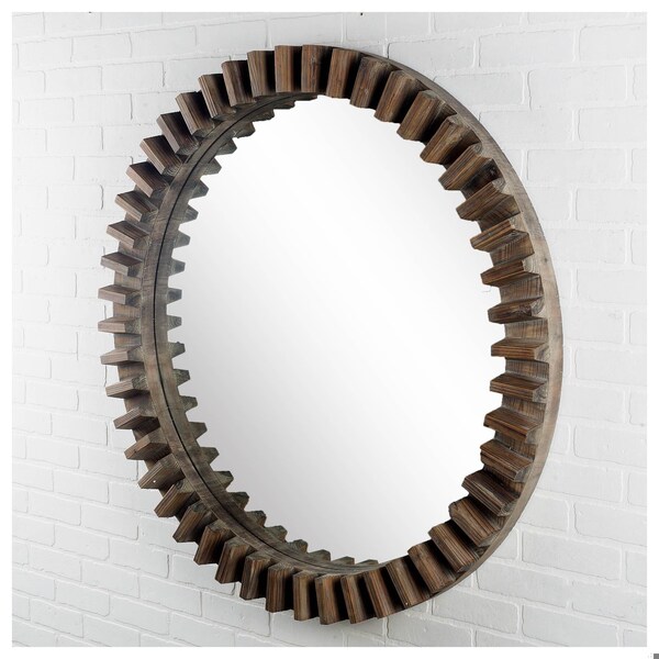 Homeroots 44 in. Round Brown Wood Frame Wall Mirror - 376393