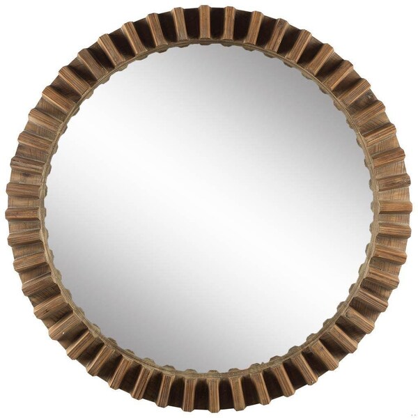 Homeroots 44 in. Round Brown Wood Frame Wall Mirror - 376393
