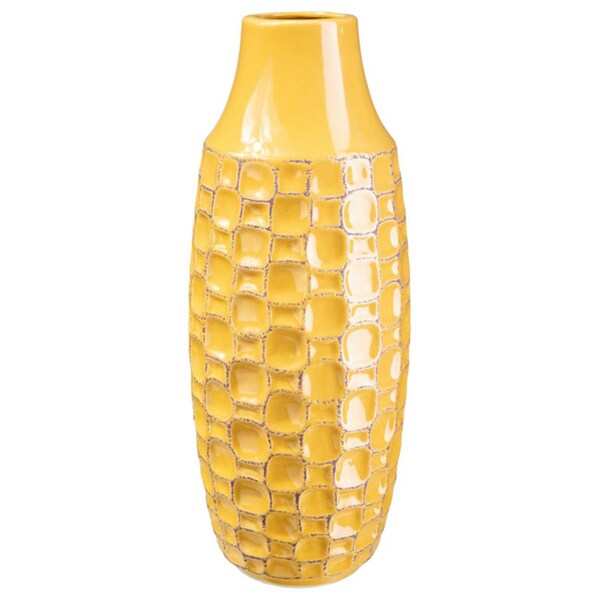 H2H Ceramic Tall Round Vase with Engraved Abstract Design Body Gloss, Finish Mustard Yellow - Large - H22674343