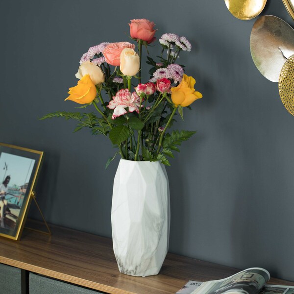 Uniquewise Contemporary Ceramic Marble Look Design Table Vase Geometric Flower Holder Decor, 9 Inch - QI004360.L