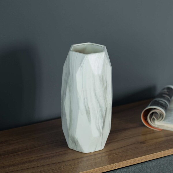 Uniquewise Contemporary Ceramic Marble Look Design Table Vase Geometric Flower Holder Decor, 9 Inch - QI004360.L