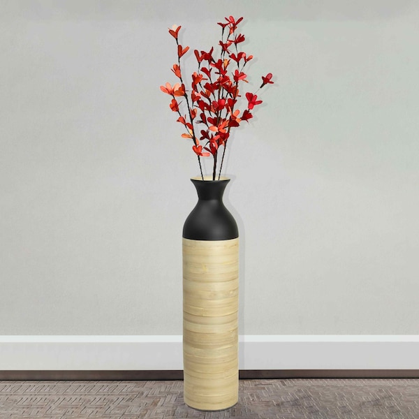 Uniquewise Cylinder Shaped Tall Spun Bamboo Floor Vase Glossy Black Lacquer and Natural Bamboo Finish, Large - QI003455BKN.L