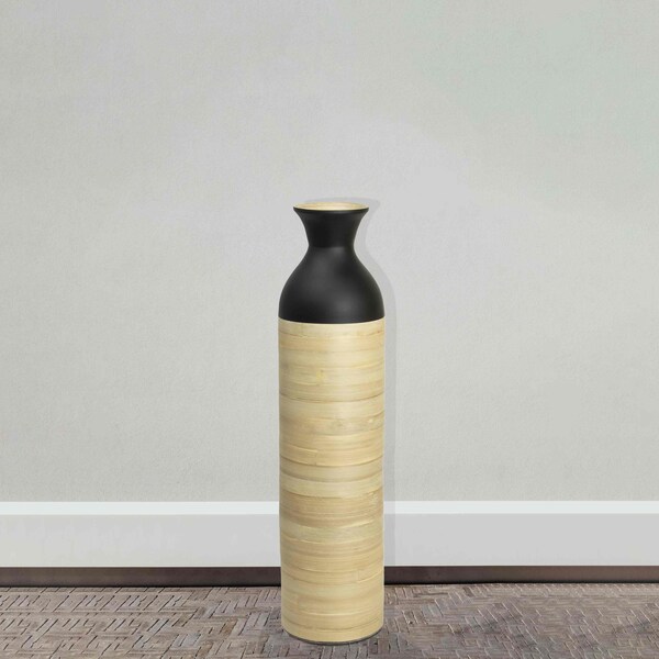 Uniquewise Cylinder Shaped Tall Spun Bamboo Floor Vase Glossy Black Lacquer and Natural Bamboo Finish, Large - QI003455BKN.L