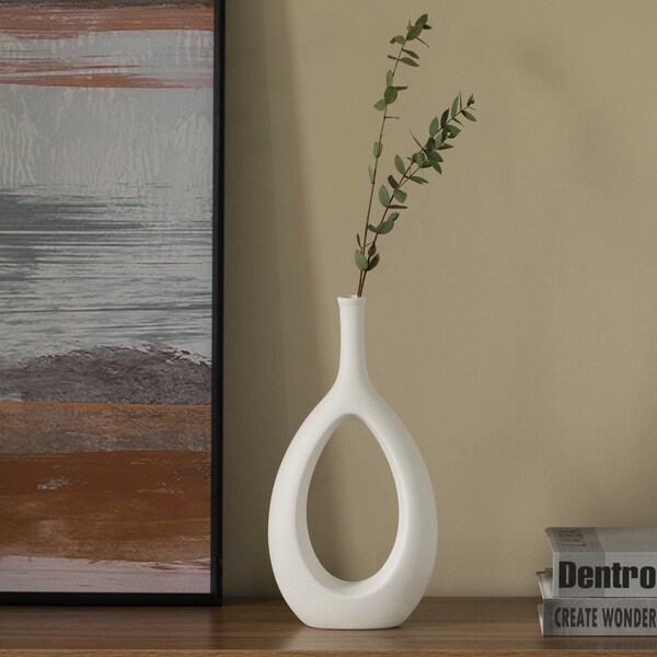 Uniquewise Contemporary White Ceramic Unique Shaped Flower Table Vase Centerpiece, 11 Inch - QI004363.L.WT