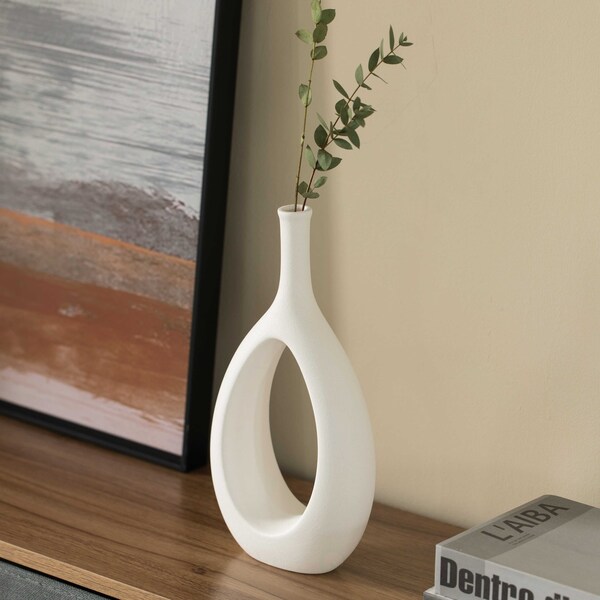Uniquewise Contemporary White Ceramic Unique Shaped Flower Table Vase Centerpiece, 11 Inch - QI004363.L.WT
