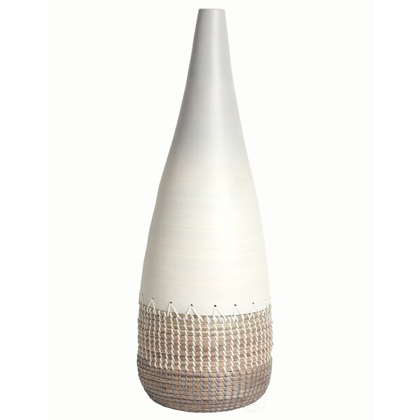 Uniquewise 31.5" Spun Bamboo and Coiled Seagrass Patterned Vase, White, Large - QI003357W.L