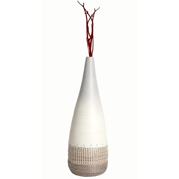 Uniquewise 31.5" Spun Bamboo and Coiled Seagrass Patterned Vase, White, Large - QI003357W.L