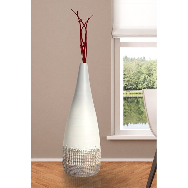 Uniquewise 31.5" Spun Bamboo and Coiled Seagrass Patterned Vase, White, Large - QI003357W.L