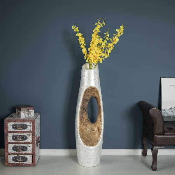 Uniquewise Modern Unique White Floor Flower Vase with Gold Interior for Living, Entryway or Dining, 43 inch - QI004199