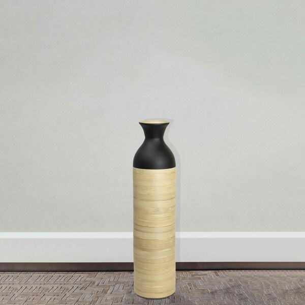 Uniquewise Cylinder Shaped Tall Spun Bamboo Floor Vase Glossy Black Lacquer and Natural Bamboo Finish, Small - QI003455BKN.S