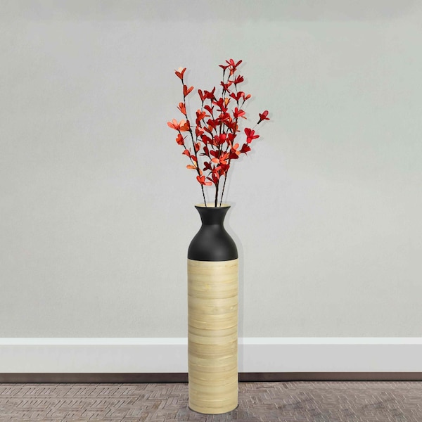 Uniquewise Cylinder Shaped Tall Spun Bamboo Floor Vase Glossy Black Lacquer and Natural Bamboo Finish, Small - QI003455BKN.S