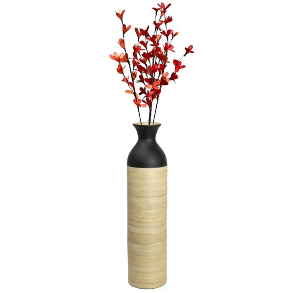 Uniquewise Cylinder Shaped Tall Spun Bamboo Floor Vase Glossy Black Lacquer and Natural Bamboo Finish, Small - QI003455BKN.S