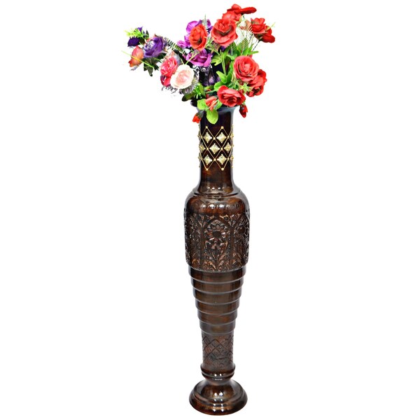 Uniquewise Antique Decorative Hand Curved Brown Mango Wood Floor Flower Vase with Unique Textured Pattern, 37" - QI004010