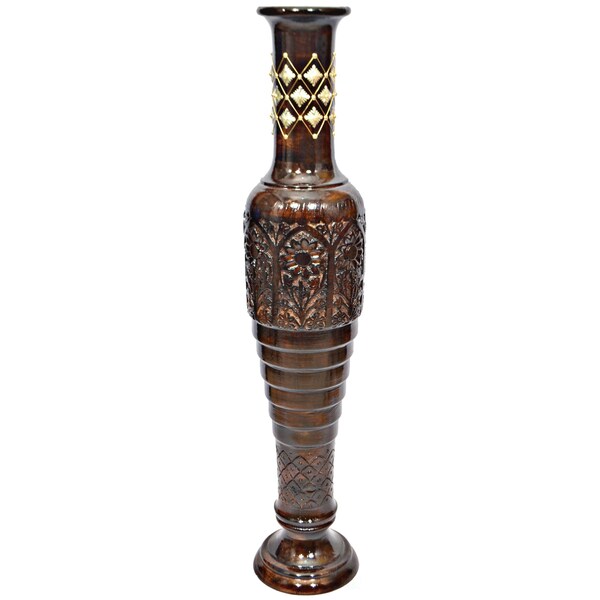 Uniquewise Antique Decorative Hand Curved Brown Mango Wood Floor Flower Vase with Unique Textured Pattern, 37" - QI004010