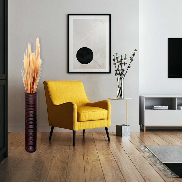 Uniquewise Brown Decorative Contemporary Mango Wood Ribbed Design Cylinder Shaped Floor Vase, 30 Inch - QI004432.M
