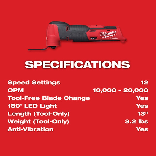 Milwaukee Tool Oscillating Multi-Tool, 12V DC, Cordless, 3.9  Degrees Oscillation Angle, M12 FUEL(TM) Series - 2526-20