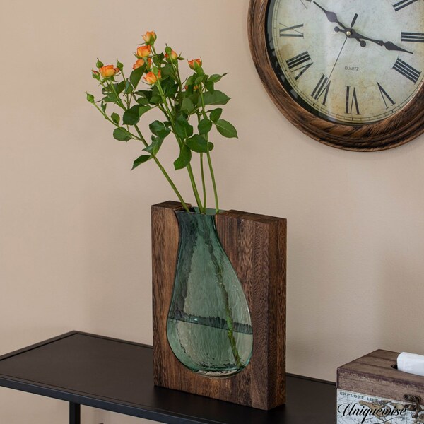 Uniquewise 12-Inch Wood and Glass Inlay Vase - Merging the Natural Warmth and Texture of Wood with the - QI004737.L