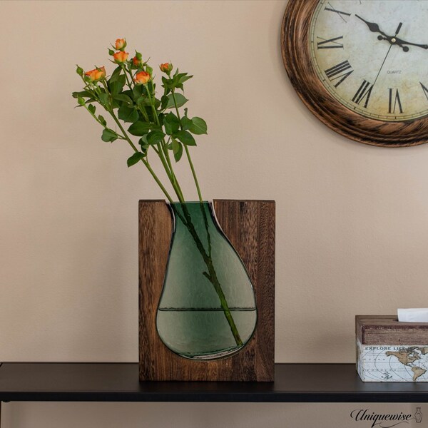 Uniquewise 12-Inch Wood and Glass Inlay Vase - Merging the Natural Warmth and Texture of Wood with the - QI004737.L