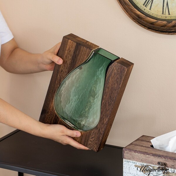 Uniquewise 12-Inch Wood and Glass Inlay Vase - Merging the Natural Warmth and Texture of Wood with the - QI004737.L