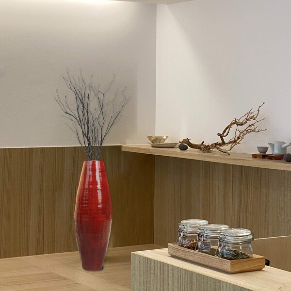 Uniquewise Bamboo Cylinder Floor Vase-Handcrafted Tall Decorative Vase-Ideal for Dining Room, Living Room, 37" Red - QI003245.R.L