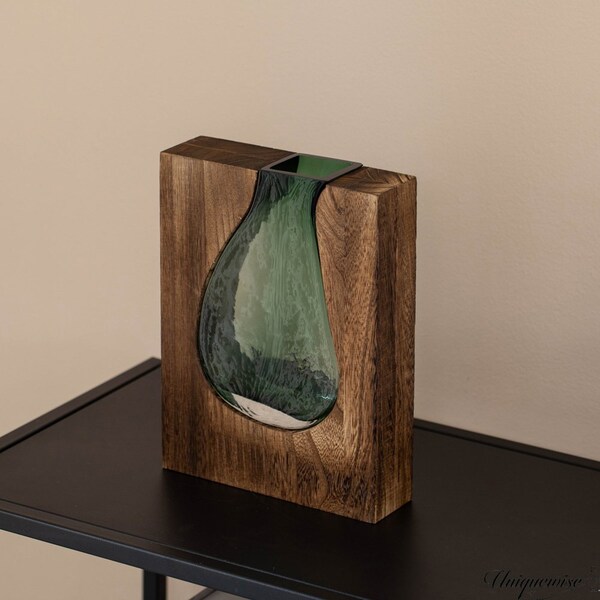 Uniquewise 10-Inch Wood and Glass Inlay Vase - Merging the Natural Warmth and Texture of Wood with the - QI004737.S