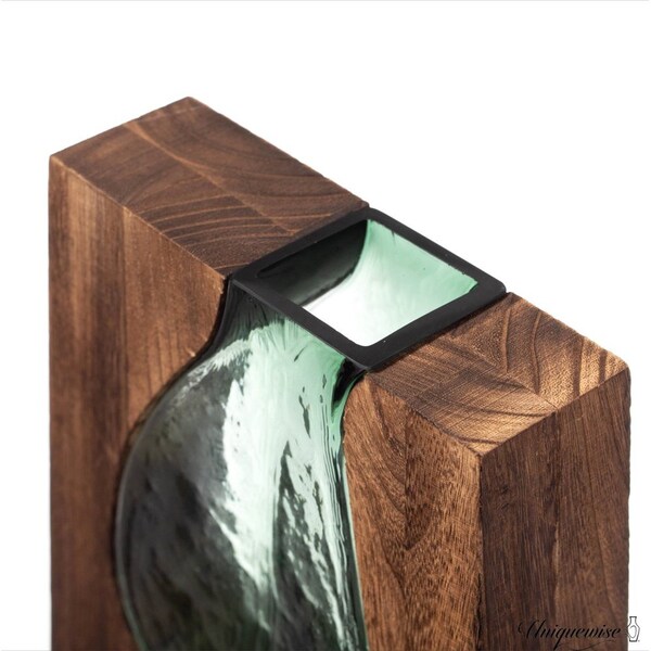 Uniquewise 10-Inch Wood and Glass Inlay Vase - Merging the Natural Warmth and Texture of Wood with the - QI004737.S
