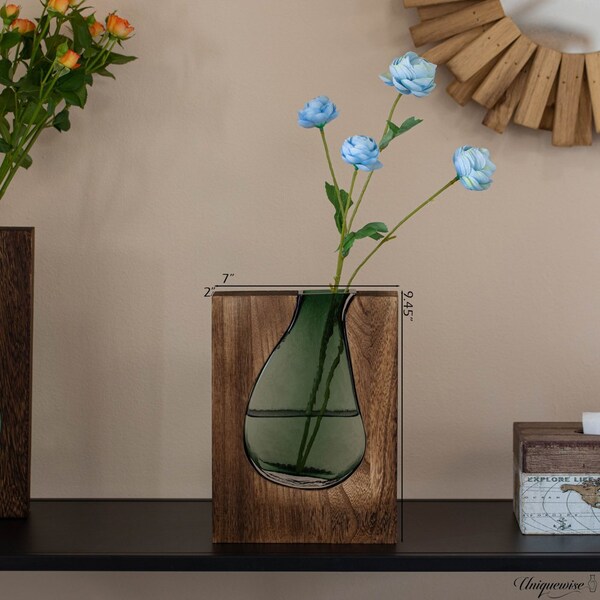 Uniquewise 10-Inch Wood and Glass Inlay Vase - Merging the Natural Warmth and Texture of Wood with the - QI004737.S