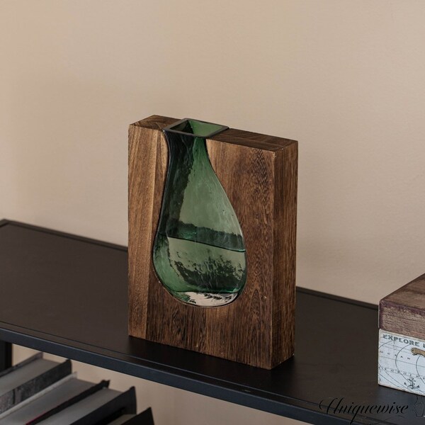 Uniquewise 10-Inch Wood and Glass Inlay Vase - Merging the Natural Warmth and Texture of Wood with the - QI004737.S