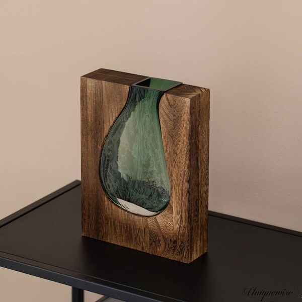 Uniquewise 10-Inch Wood and Glass Inlay Vase - Merging the Natural Warmth and Texture of Wood with the - QI004737.S