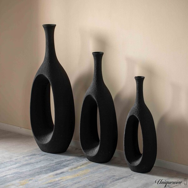 Uniquewise Set of 3 Frosted Black Fiberglass Tall Floor Vase - Decorative Vase for Modern Home Decor - QI004676.3