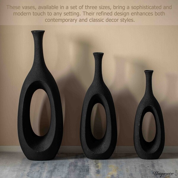 Uniquewise Set of 3 Frosted Black Fiberglass Tall Floor Vase - Decorative Vase for Modern Home Decor - QI004676.3