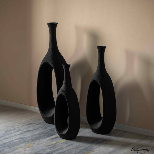 Uniquewise Set of 3 Frosted Black Fiberglass Tall Floor Vase - Decorative Vase for Modern Home Decor - QI004676.3