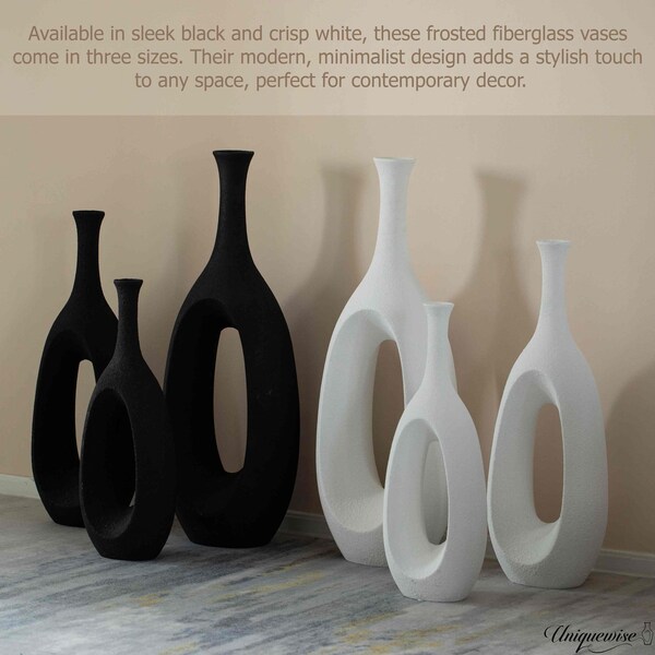 Uniquewise Set of 3 Frosted Black Fiberglass Tall Floor Vase - Decorative Vase for Modern Home Decor - QI004676.3