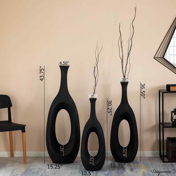 Uniquewise Set of 3 Frosted Black Fiberglass Tall Floor Vase - Decorative Vase for Modern Home Decor - QI004676.3